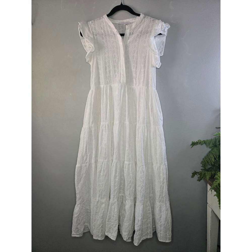 Olivaceous White Embroidered Tiered Midi Dress Cottagecore Prairie Boho Size M - Picture 3 of 11